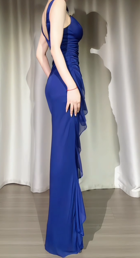 Modest Blue Prom Dress Straps Sheath Chiffon Evening Dress ED09690