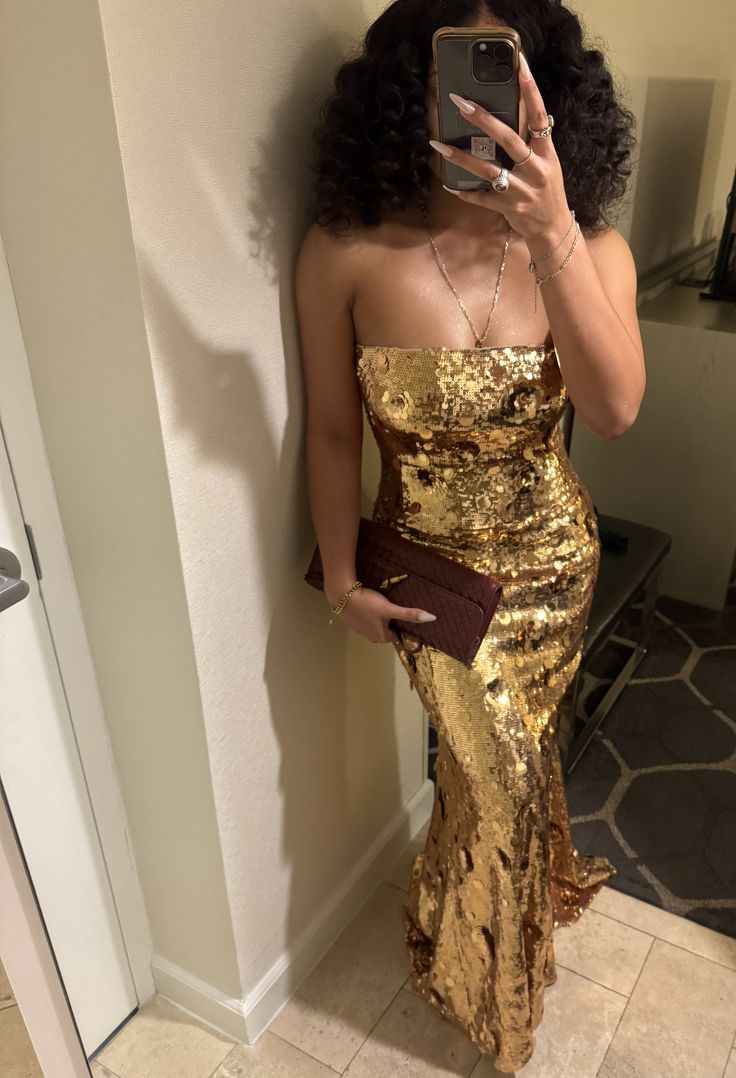 Glam Gold Prom Dress Strapless Sheath Sequins Long Evening Dress ED09692