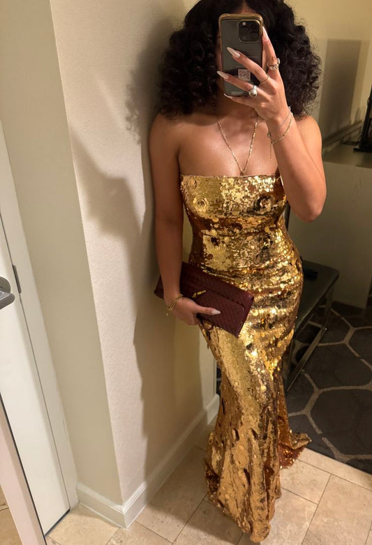 Glam Gold Abschlussballkleid Trägerloses Etui Pailletten Langes Abendkleid ED09692