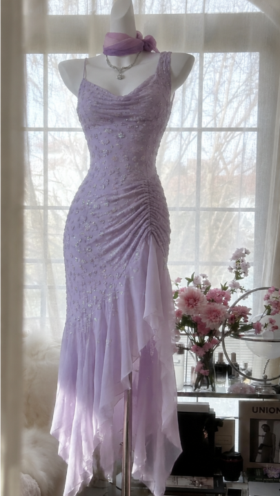 Glam Purple Robe de Bal Fourreau Perles Mousseline Longue Robe de Soirée ED09695