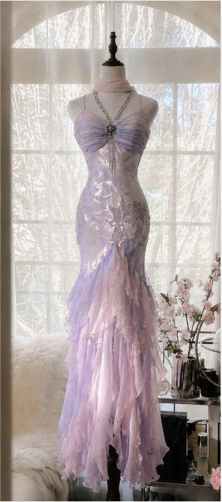 Robe de bal glamour violette fourreau perlé mousseline longue robe de soirée ED09696