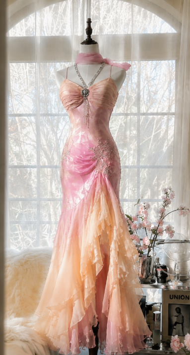 Glam Pink Prom Dress Sheath Beaded Chiffon Long Evening Dress ED09698