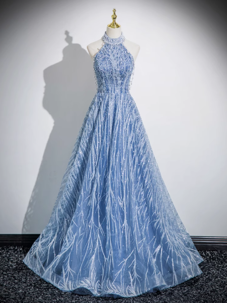 Blue A-line off-shoulder tulle beaded sequined long prom dress, blue evening dress ED0969