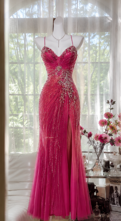 Glam Hot Pink Prom Dress Sheath Chiffon Beaded Long Evening Dress ED09702