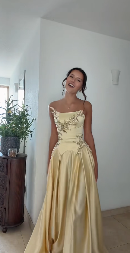Glam Yellow Prom Dress Sheath Satin Beaded Long Evening Dress ED09704