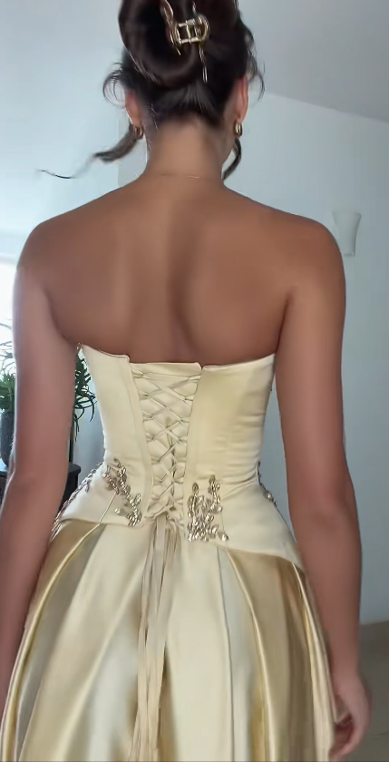 Glam Yellow Prom Dress Sheath Satin Beaded Long Evening Dress ED09704