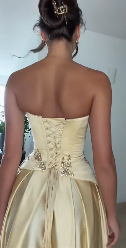 Glam Yellow Prom Dress Sheath Satin Beaded Long Evening Dress ED09704