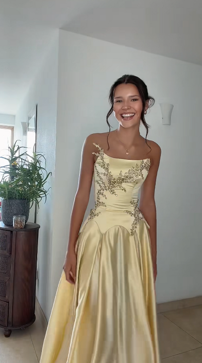 Glam Yellow Prom Dress Sheath Satin Beaded Long Evening Dress ED09704