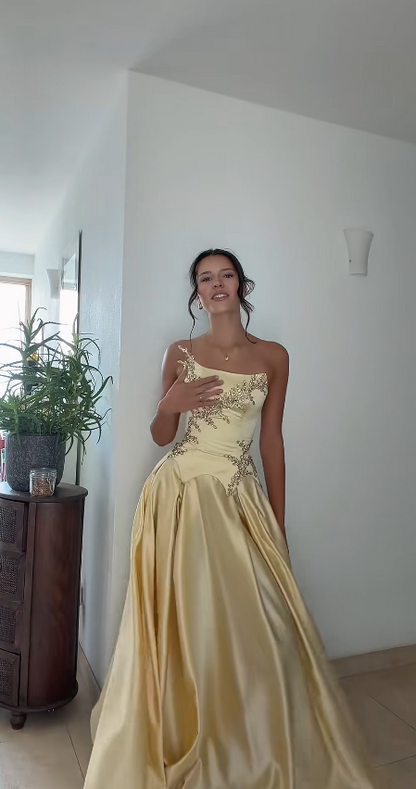 Glam Yellow Prom Dress Sheath Satin Beaded Long Evening Dress ED09704
