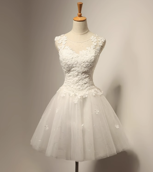 Weißes A-Linien-Tüll-Spitzen-Kurzballkleid, weißes Brautjungfernkleid ED0970