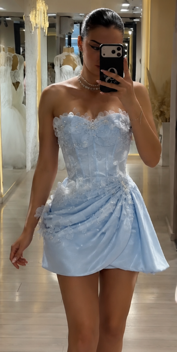 Chic Blue Short Homecoming Dress Sheath Satin Birthday Dress ED09726