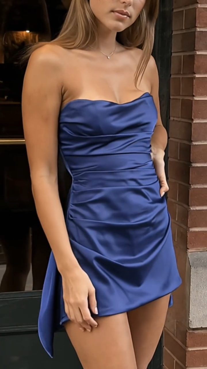 Chic Blue Short Homecoming Dress Sheath Satin Birthday Dress ED09727