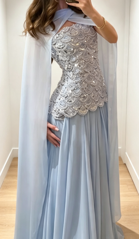 Modisches hellblaues Ballkleid, trägerlos, figurbetont, Chiffon, langes Abendkleid ED09731