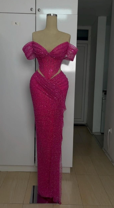 Robe de bal rose fuchsia, épaules dénudées, fourreau, tulle, perles, longue robe de soirée ED09735