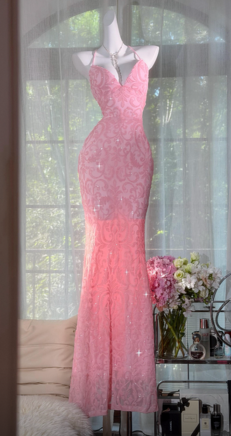 Robe de soirée longue trapèze rose, avec bretelles, en mousseline et sequins ED09736