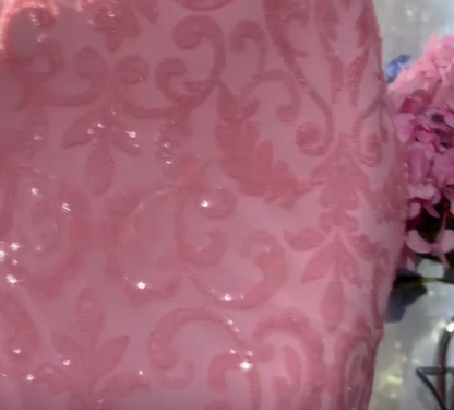 Robe de soirée longue trapèze rose, avec bretelles, en mousseline et sequins ED09736