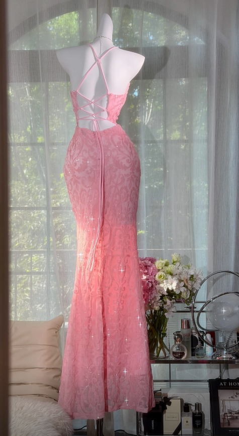 Robe de soirée longue trapèze rose, avec bretelles, en mousseline et sequins ED09736