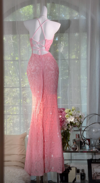 Robe de soirée longue trapèze rose, avec bretelles, en mousseline et sequins ED09736