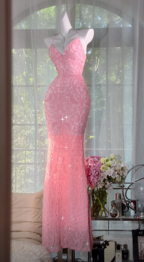 Robe de soirée longue trapèze rose, avec bretelles, en mousseline et sequins ED09736