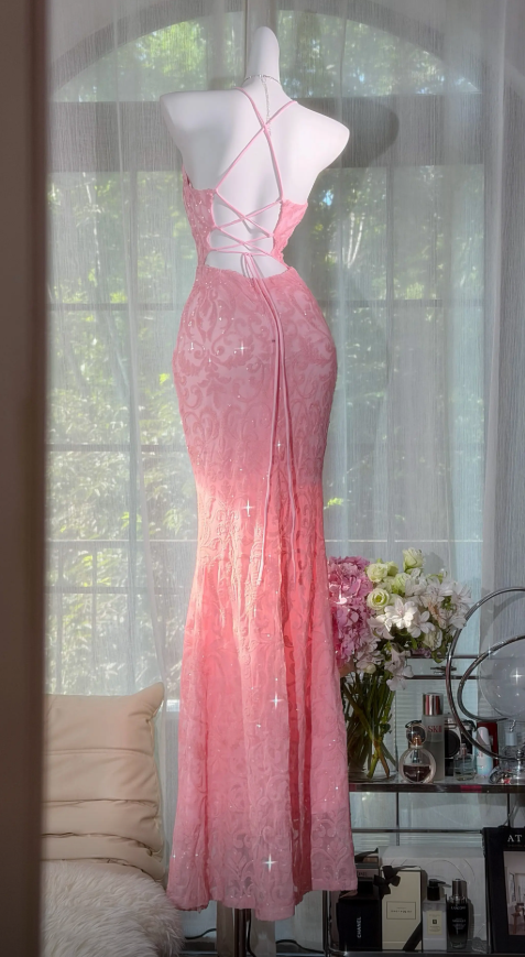 Robe de soirée longue trapèze rose, avec bretelles, en mousseline et sequins ED09736