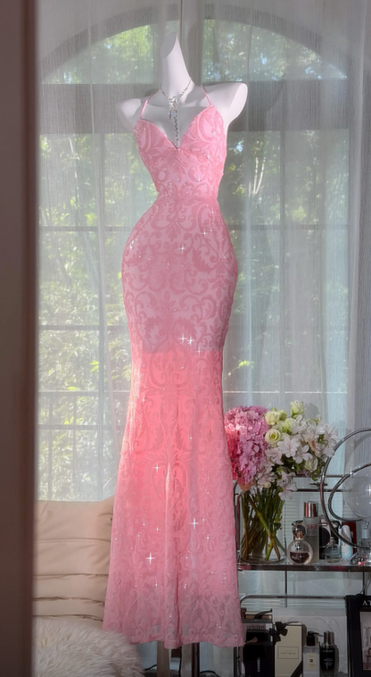 Robe de soirée longue trapèze rose, avec bretelles, en mousseline et sequins ED09736