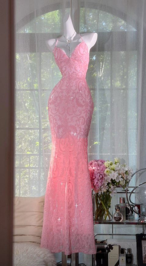 Fashion Pink Ballkleid Träger Scheide Chiffon Pailletten Langes Abendkleid ED09736