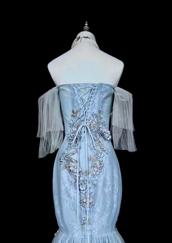 Robe de bal bleue mode sirène épaules dénudées en tulle perlée longue robe de soirée ED09737