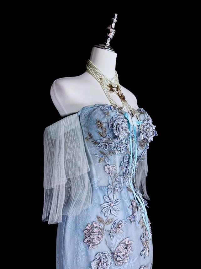 Robe de bal bleue mode sirène épaules dénudées en tulle perlée longue robe de soirée ED09737