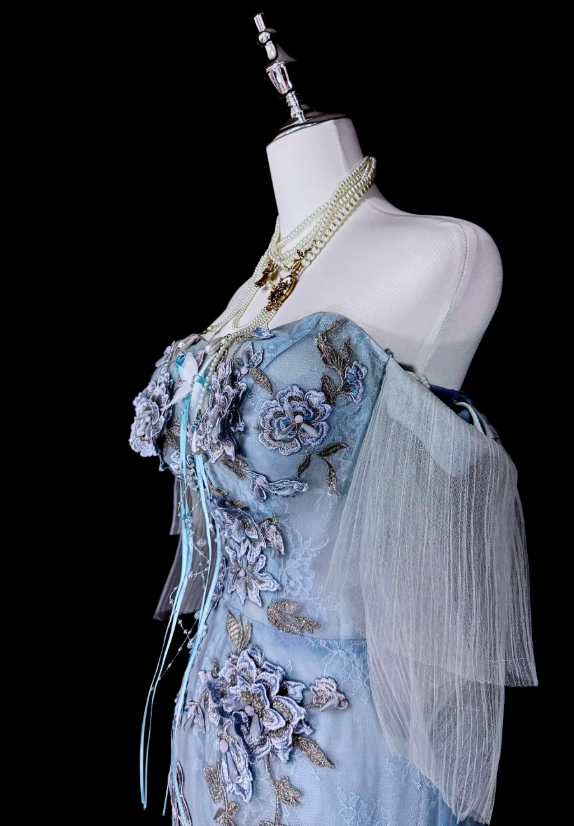 Robe de bal bleue mode sirène épaules dénudées en tulle perlée longue robe de soirée ED09737