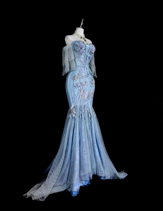 Fashion Blaues Ballkleid Schulterfrei Meerjungfrau Tüll Perlenbesetztes Langes Abendkleid ED09737