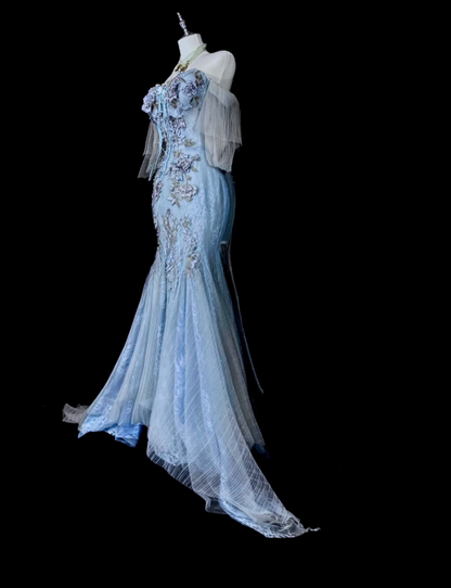 Robe de bal bleue mode sirène épaules dénudées en tulle perlée longue robe de soirée ED09737