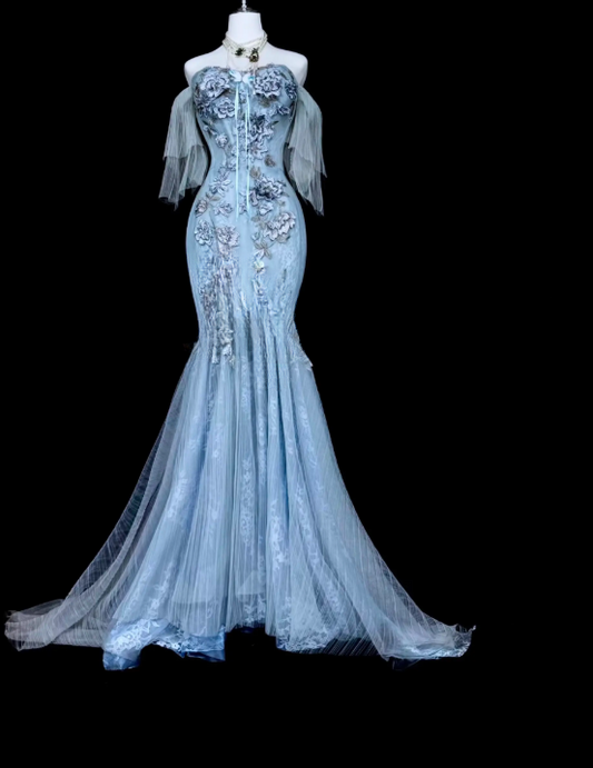 Fashion Blaues Ballkleid Schulterfrei Meerjungfrau Tüll Perlenbesetztes Langes Abendkleid ED09737