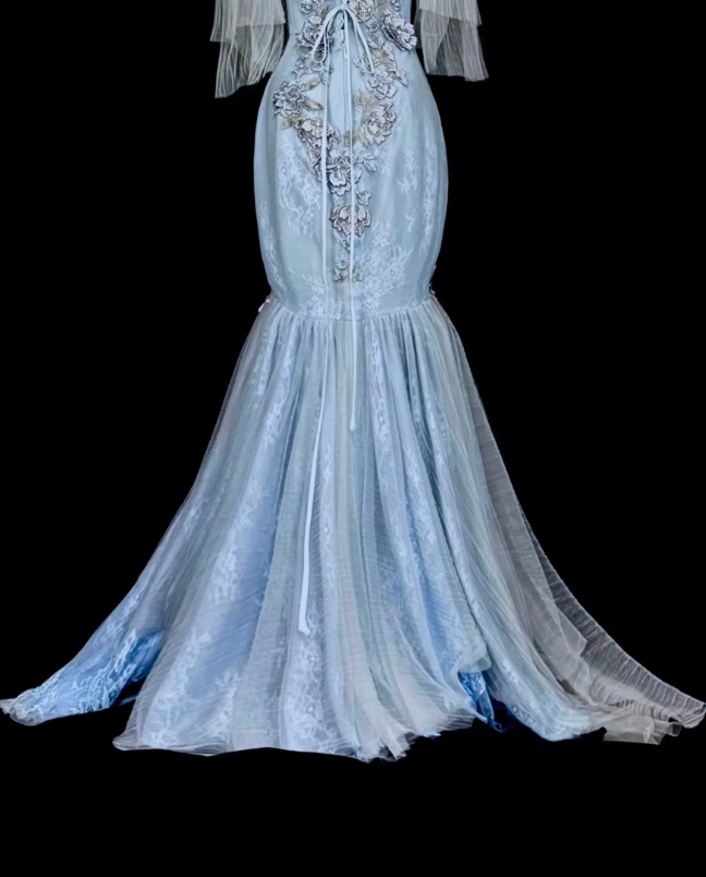 Robe de bal bleue mode sirène épaules dénudées en tulle perlée longue robe de soirée ED09737