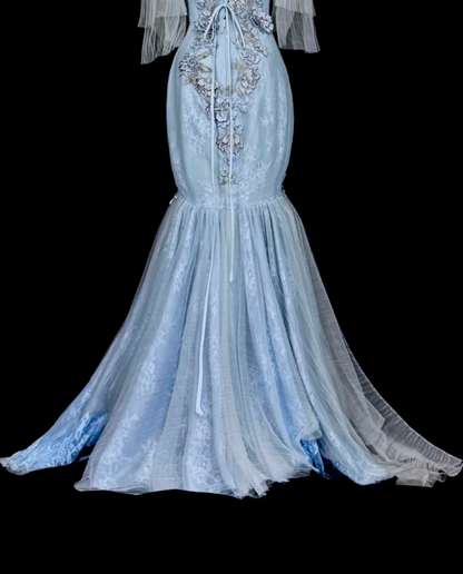 Robe de bal bleue mode sirène épaules dénudées en tulle perlée longue robe de soirée ED09737