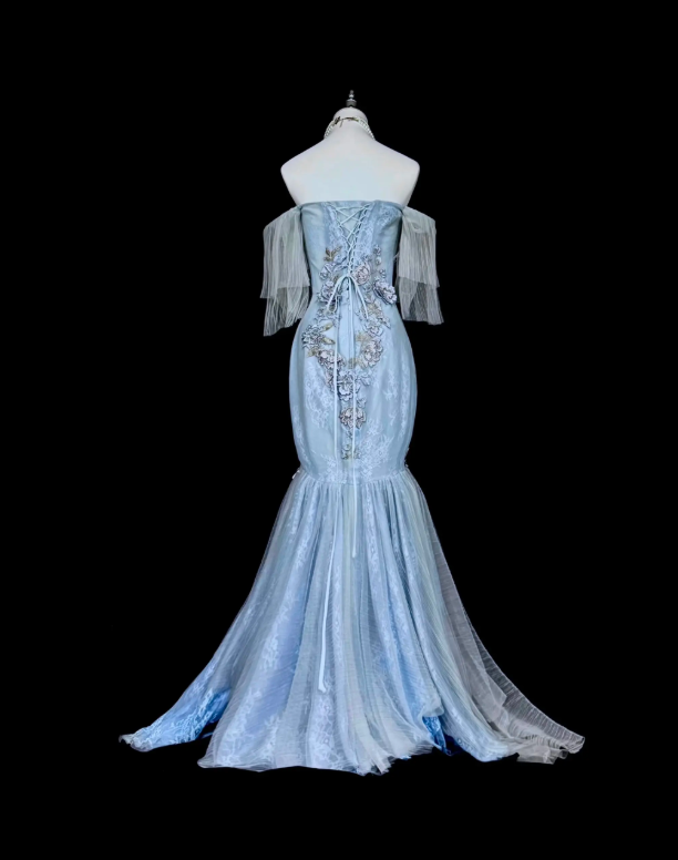 Robe de bal bleue mode sirène épaules dénudées en tulle perlée longue robe de soirée ED09737