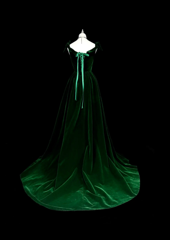 Fashion Dark Green Prom Dress V-neck A-Line Velvet Long Evening Dress ED09738