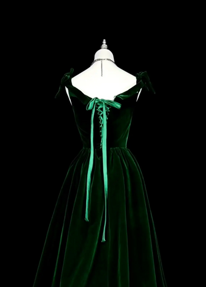 Fashion Dark Green Prom Dress V-neck A-Line Velvet Long Evening Dress ED09738