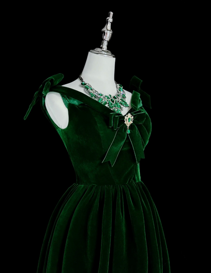 Fashion Dark Green Prom Dress V-neck A-Line Velvet Long Evening Dress ED09738