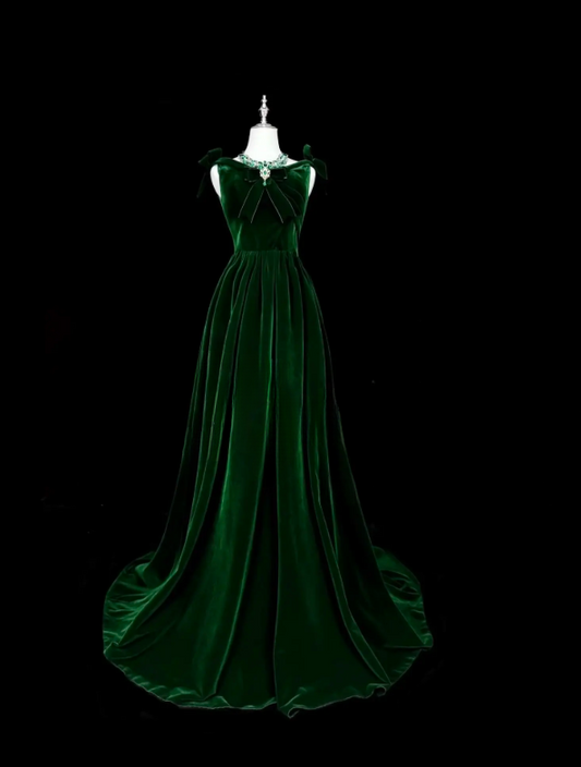 Fashion Dark Green Prom Dress V-neck A-Line Velvet Long Evening Dress ED09738
