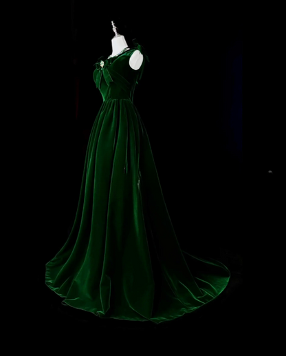 Fashion Dark Green Prom Dress V-neck A-Line Velvet Long Evening Dress ED09738