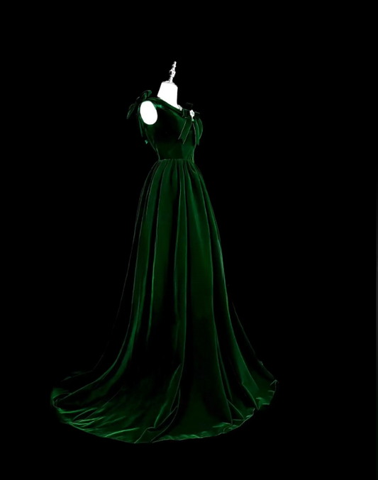 Fashion Dark Green Prom Dress V-neck A-Line Velvet Long Evening Dress ED09738