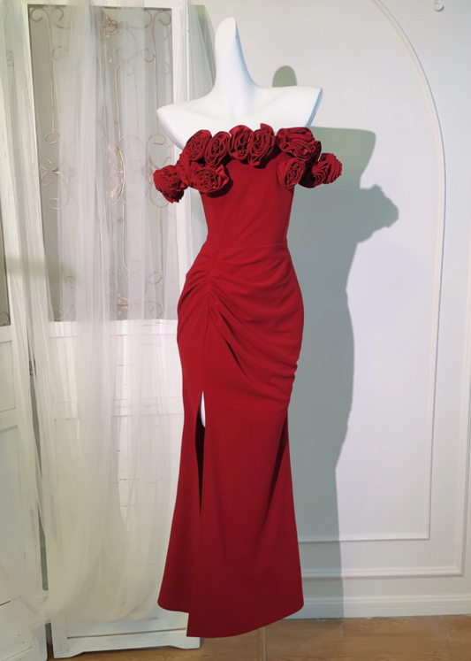 Burgunderrotes abnehmbares Sling-Kleid mit 3D-Rosen ED0973