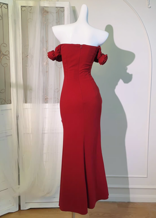Burgunderrotes abnehmbares Sling-Kleid mit 3D-Rosen ED0973