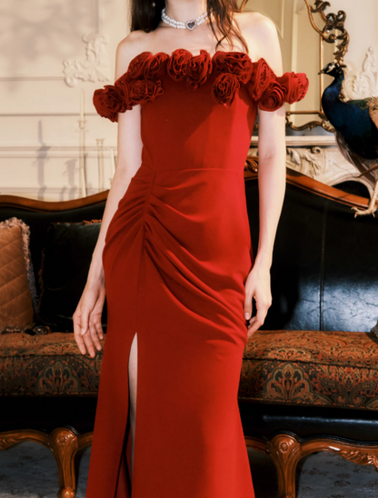 Burgunderrotes abnehmbares Sling-Kleid mit 3D-Rosen ED0973