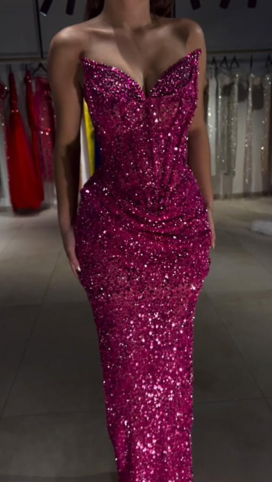 Fashion Hot Pink Prom Dress Sweetheart Sheath Sequins Long Evening Dress ED09740
