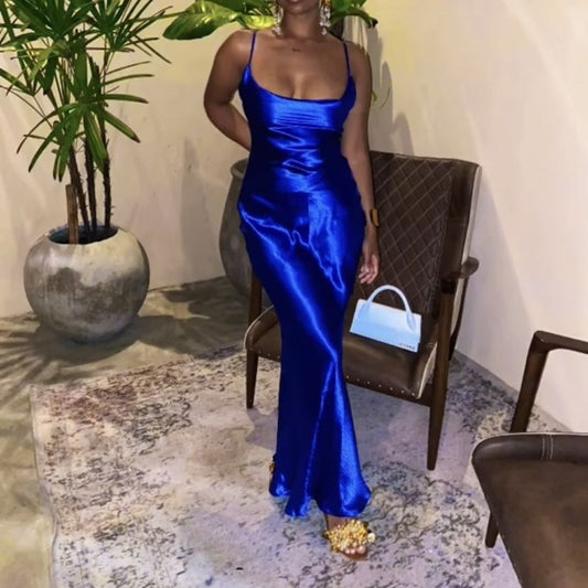 Chic Blue Prom Dress Sheath Satin Evening Gown ED09740