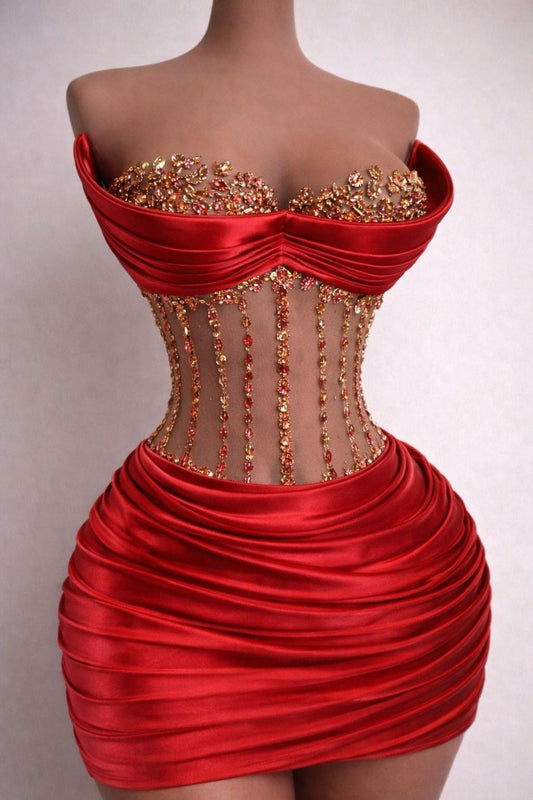 Fashion Rotes kurzes Ballkleid Trägerloses Etuikleid Hoco Kleid Satin Geburtstagskleid ED09742