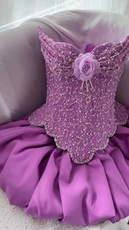 Robe de bal courte mauve tendance bustier ligne A, robe de soirée perlée en satin, robe d'anniversaire ED09743