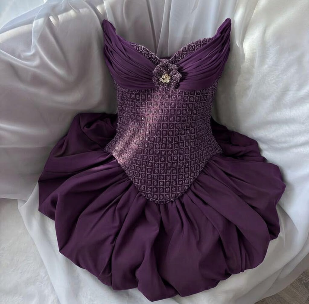 Robe de bal courte mauve tendance bustier ligne A, robe de soirée perlée en satin, robe d'anniversaire ED09743