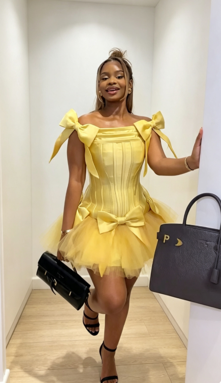 Gelbes Hoco-Kleid mit Trägern A-Linien-Kleid für den Geburtstag Satin-Kleid für die Party ED09745